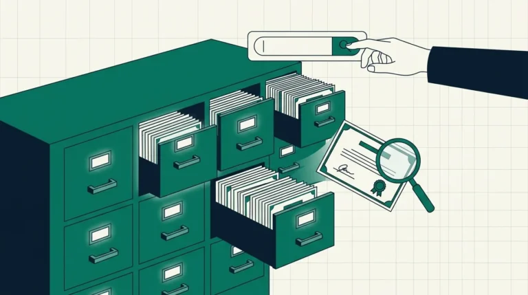 Filing cabinet of public certificates with a search bar pulling one COA out for inspection