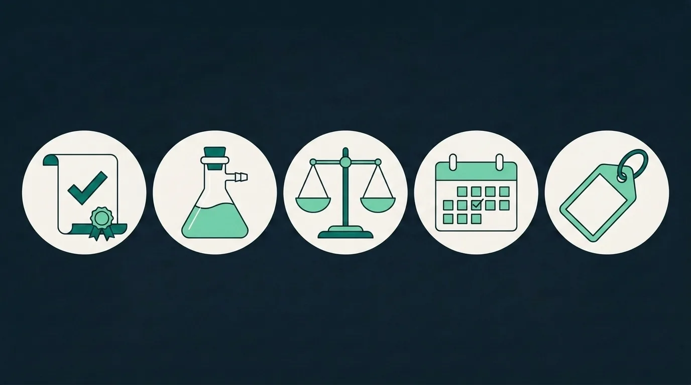 Five vendor checks: batch COA, third-party lab, tested quantity, recent test date, realistic price