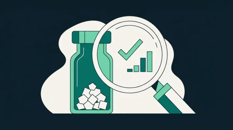 Lab vial under a magnifying glass with checkmark and purity chart - vetting retatrutide vendors by published lab results