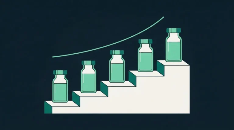 Retatrutide dose escalation shown as vials ascending a staircase