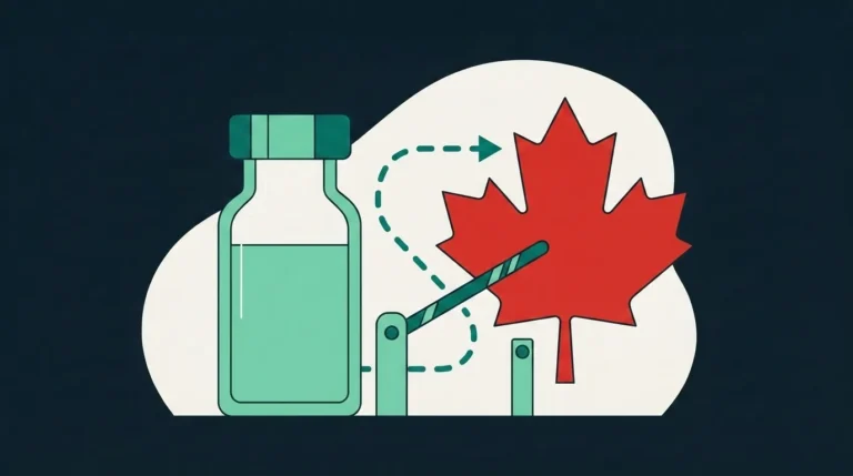 Research peptide vial and Canadian maple leaf with border checkpoint route