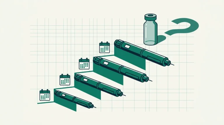 Staircase of injection pens rising by dose with calendar intervals, and an unmarked research vial apart at the top