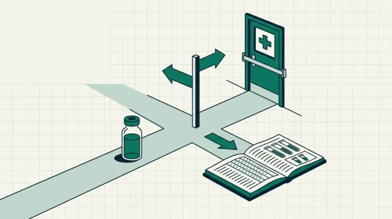 Vial at a crossroads between a barred pharmacy door and an open ledger of published test records